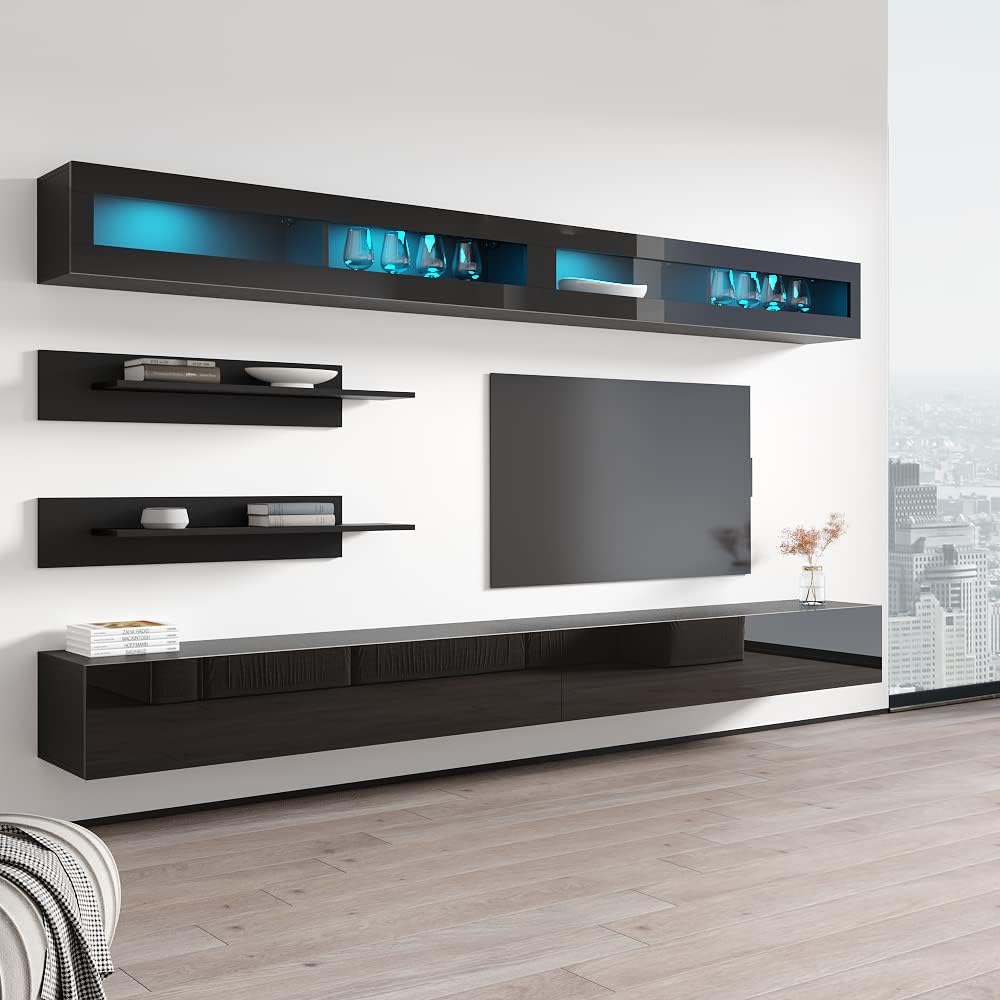 Meble Furniture Fly I2 30TV Stand - Wall-Mounted Entertainment Center Console for Bedroom & Living Room - Modern TV Floating Entertainment Center with Storage, Shelves, and LED Lights - Black