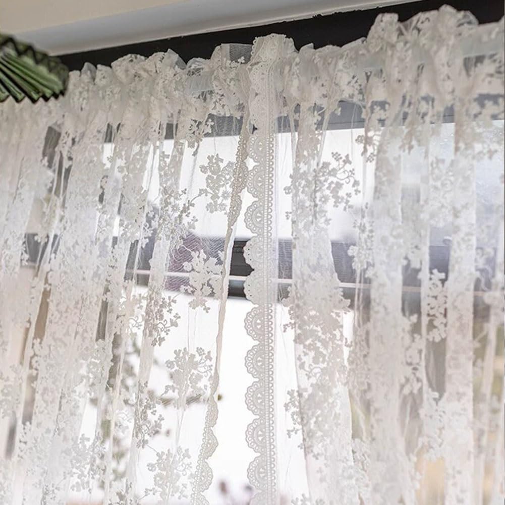Rideaux en Dentelle Brodés Blancs de 130-270 cm de Long, Élégants Rideau Fenêtre en Voile Transparent Floral Rustique Passe-Tringle pour Salon(WxH130x130cm/51x51inch)