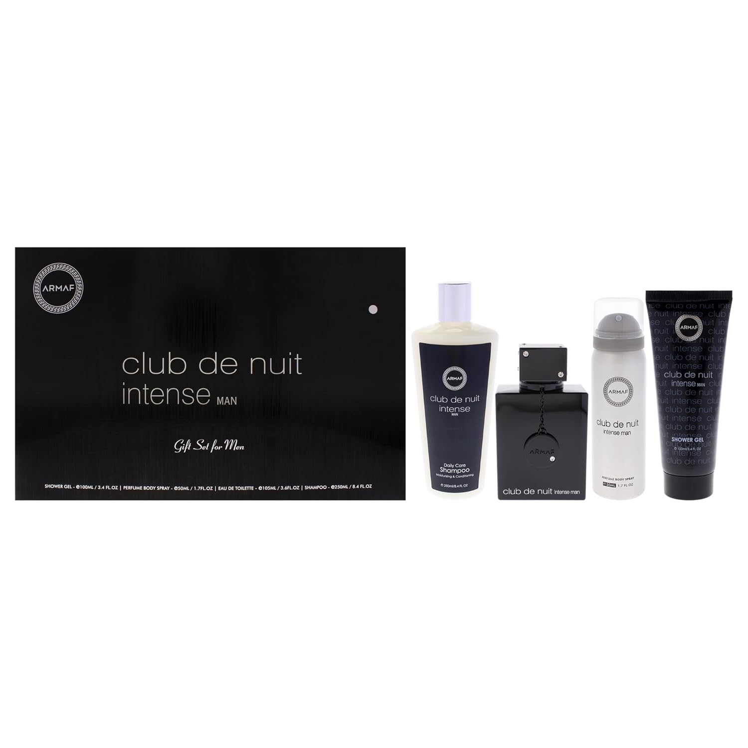 Armaf Club de Nuit Intense for Men 4PC Set (3.6 Ounce Eau de Toilette + 1.7 Ounce Perfume Body Spray + 3.4 Ounce Shower Gel + 8.4 Ounce Shampoo)