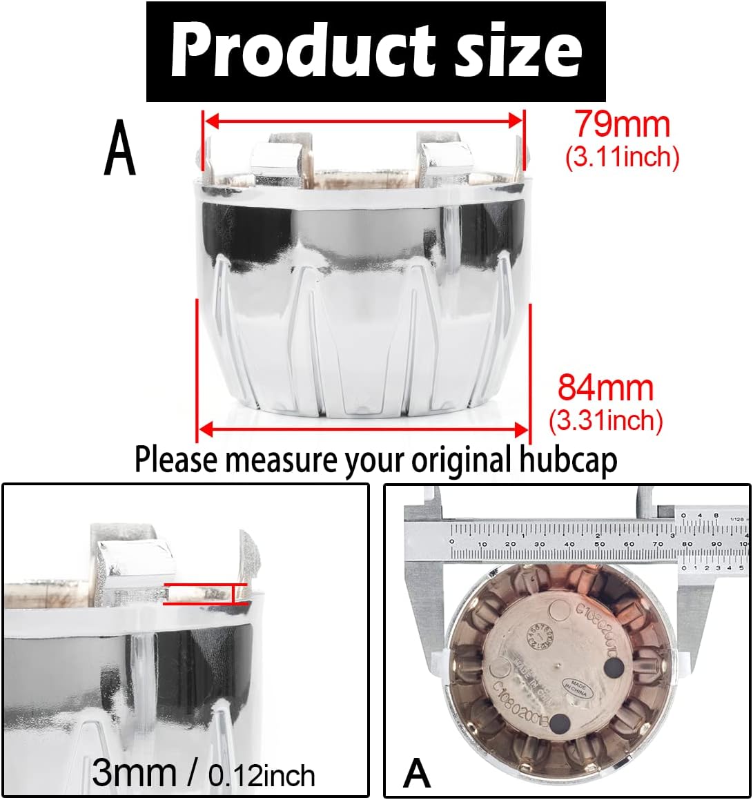 4Pcs 84mm(3.31inch) Center Caps for ION Alloy 171 179 Wheel Rim Replacement C101712MB C614101CB7 Hub Cap,(Chrome Out 84mm, Inner 79mm)
