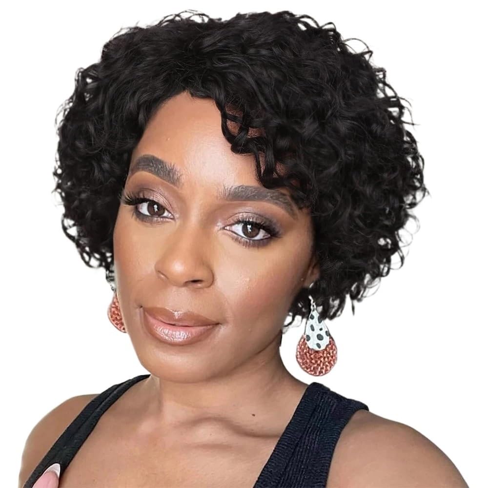 Peluca corta sin pegamento de cabello natural con raya lateral 7