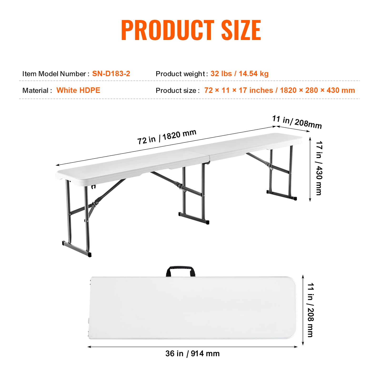 VEVOR Panca Pieghevole in Plastica, Panca Portatile 183 mm Esterno Impermeabile in HDPE, Seduta da Pranzo per Picnic e Campeggio con Maniglia Trasporto, per Attività in Giardino, Bianco 2 Pezzi