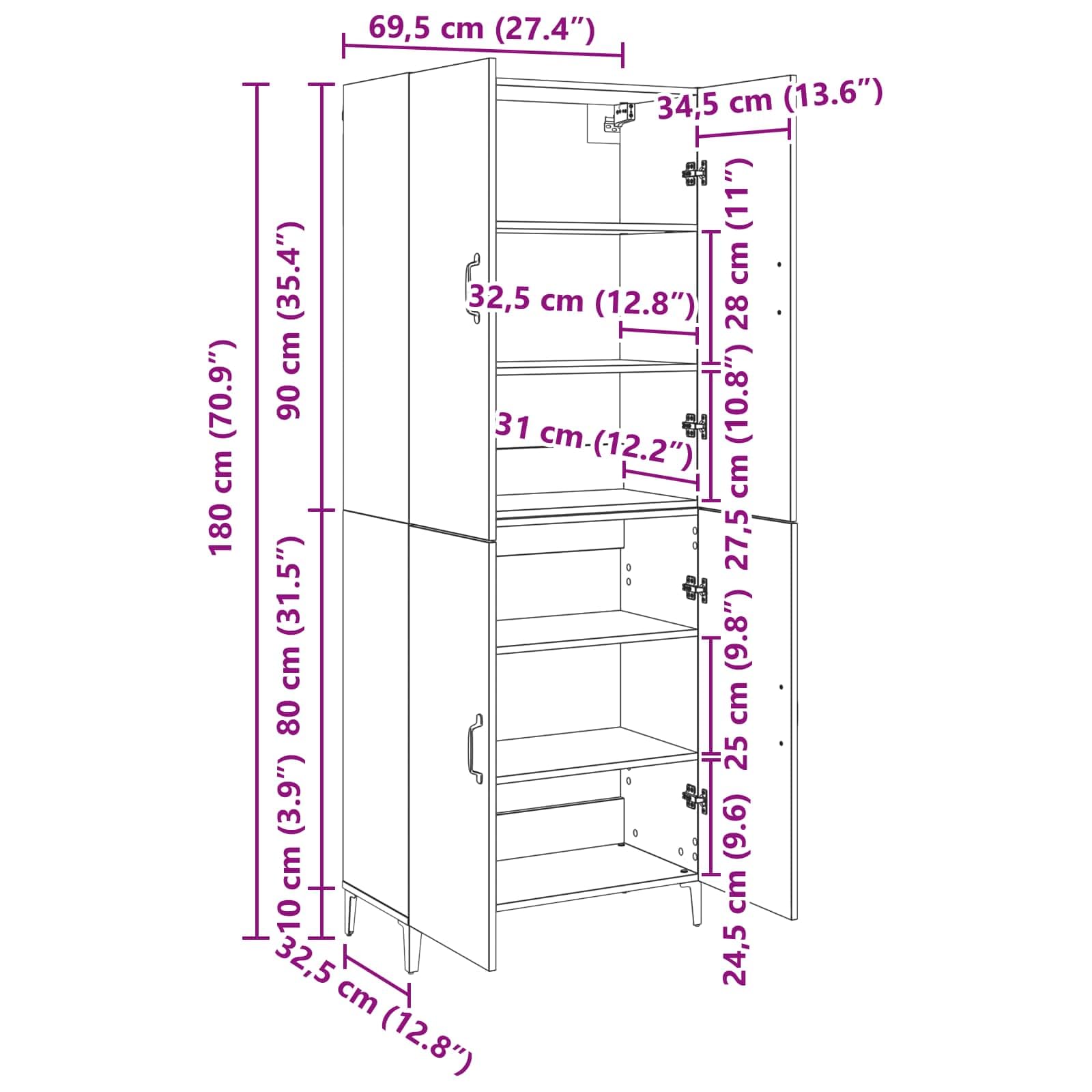 Buffet haut noir aspect chêne en bois avec 4 portes à charnières, hauteur de 180 cm, charge maximale de 120 kg, buffet moderne avec espace de rangement, idéal pour salon, salle à manger et