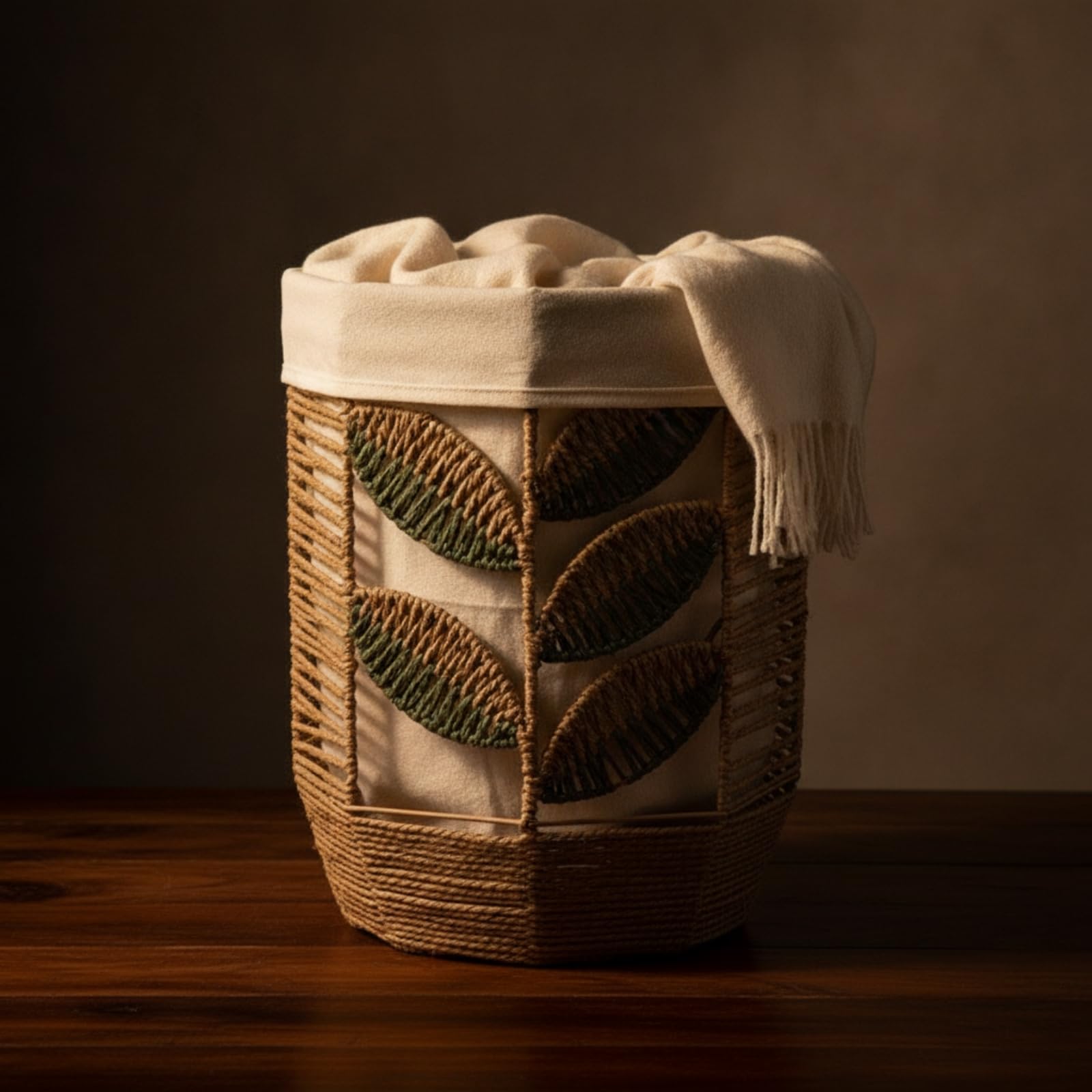 Amagogo Cesto Porta Biancheria Cesto Cesta Lavanderia Contenitore Organizzatore con Rivestimento in Cotone Lino Intrecciato con Bordo Rinforzato E Manico, Grande, Stile Rustico Con Motivo A Foglie