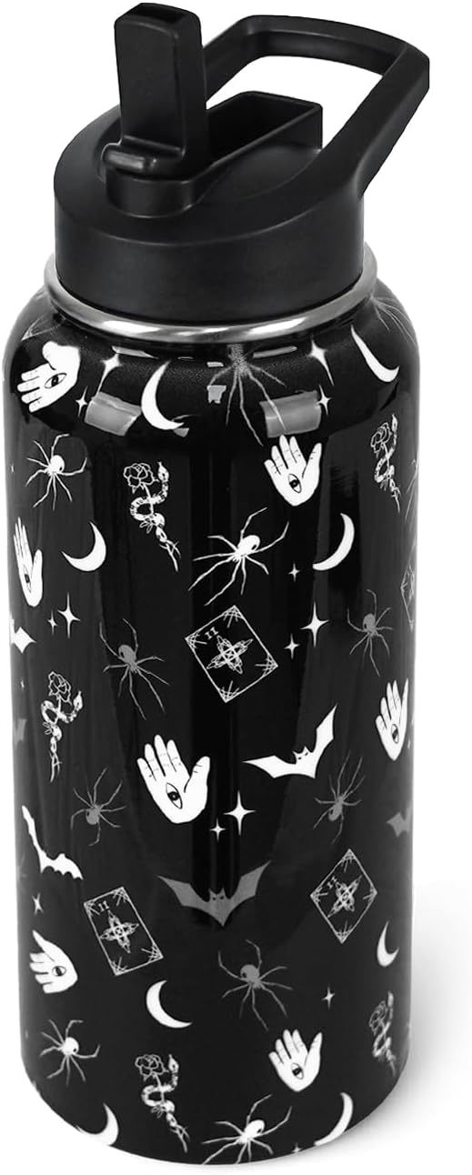 Goth Water Bottle with Straws Double Walled Vacuum Insulated Sports Bottle Goth Bats Travel Thermal Cup Leak Proof Stainless Steel Tumbler Witchy Decor Gifts-32 OZ