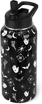 Goth Water Bottle with Straws Insulated Bottle Halloween Gothic Bats Travel Thermal Double Walled Vacuum Cup Leak Proof Stainless Steel Tumbler Witchy Decor Gifts-32 oz
