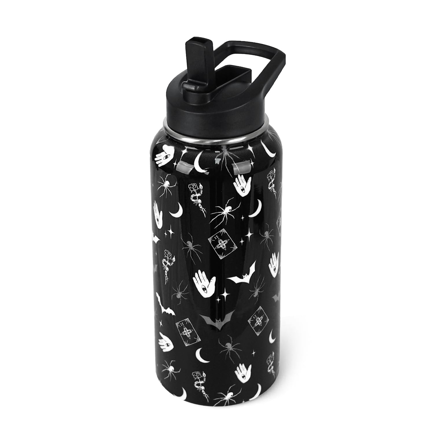 Goth Water Bottle with Straws Double Walled Vacuum Insulated Sports Bottle Goth Bats Travel Thermal Cup Leak Proof Stainless Steel Tumbler Witchy