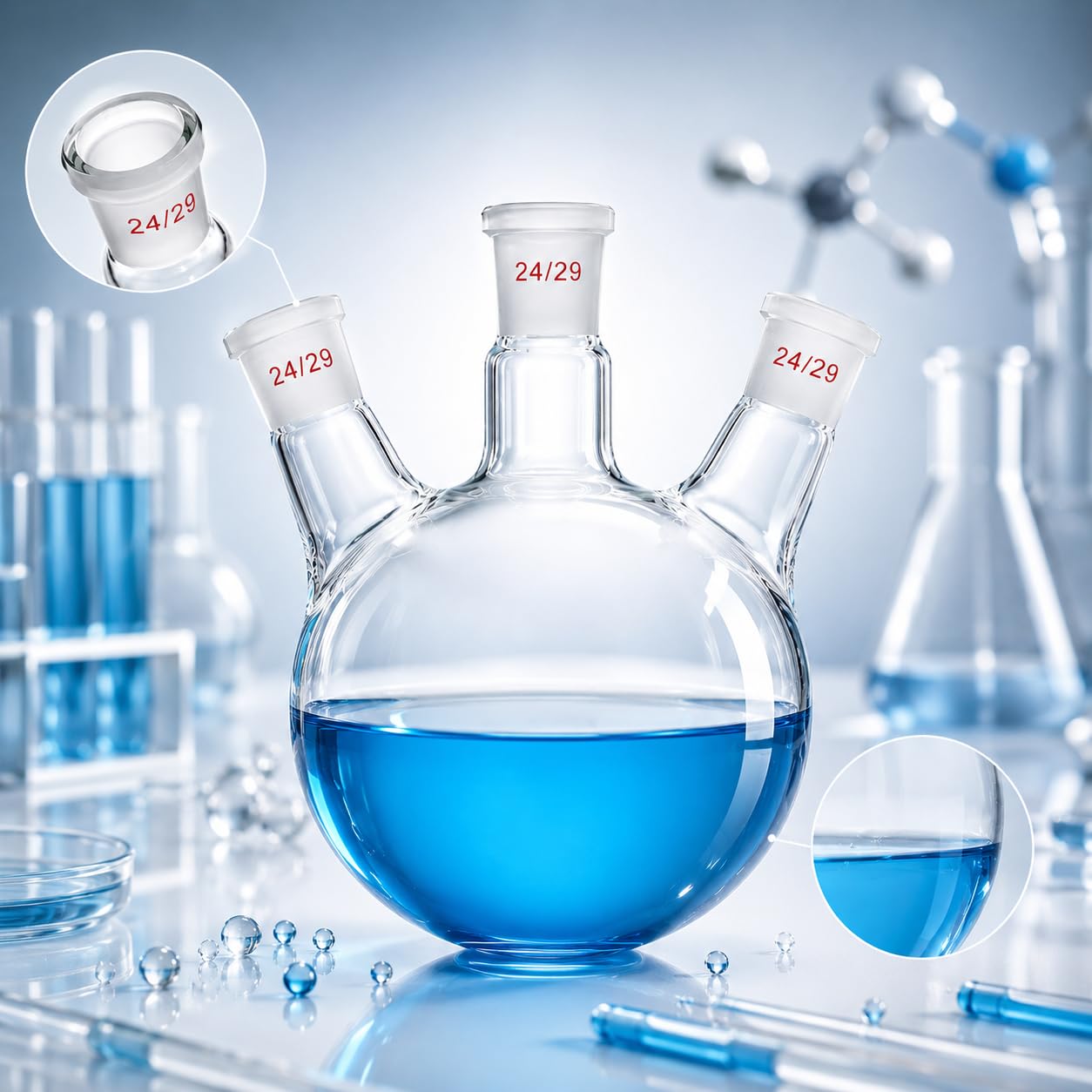 VIDOO Kolba Okrągłodenna Trójszyjna ze Szkła Borokrzemowego 3.3, Laboratoryjna Kolba Grzewcza do Chemii z 24/29 29/32 24/29 Szlifami, 5000ml
