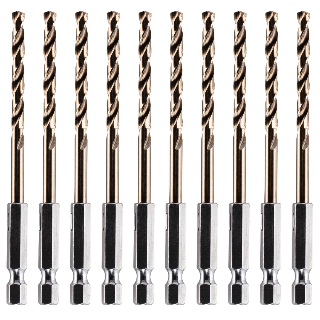 Rennie Tools - Box Of 10 x 4.4mm Hex Shank HSS Gold Cobalt Jobber Drill Bit For Stainless Steel, Hard Metals, Aluminium, Cast Iron, Copper. Twist Drill Bit Sets. 4.4mm Drill Bits Metric Drill
