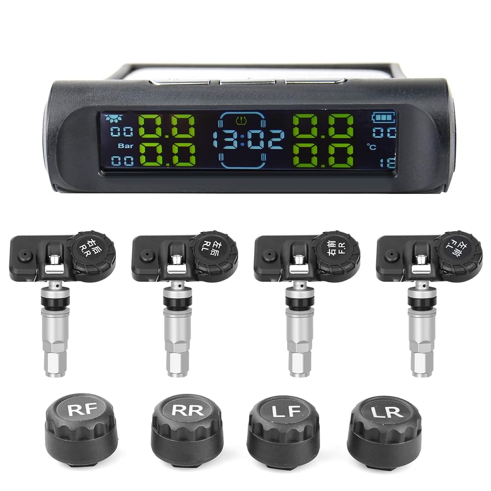 Tpms Sistema di monitoraggio della Pressione dei Pneumatici Wireless Universale Display dell'orologio a energia Solare 4 sensori con sensore Esterno(Internal Clock)