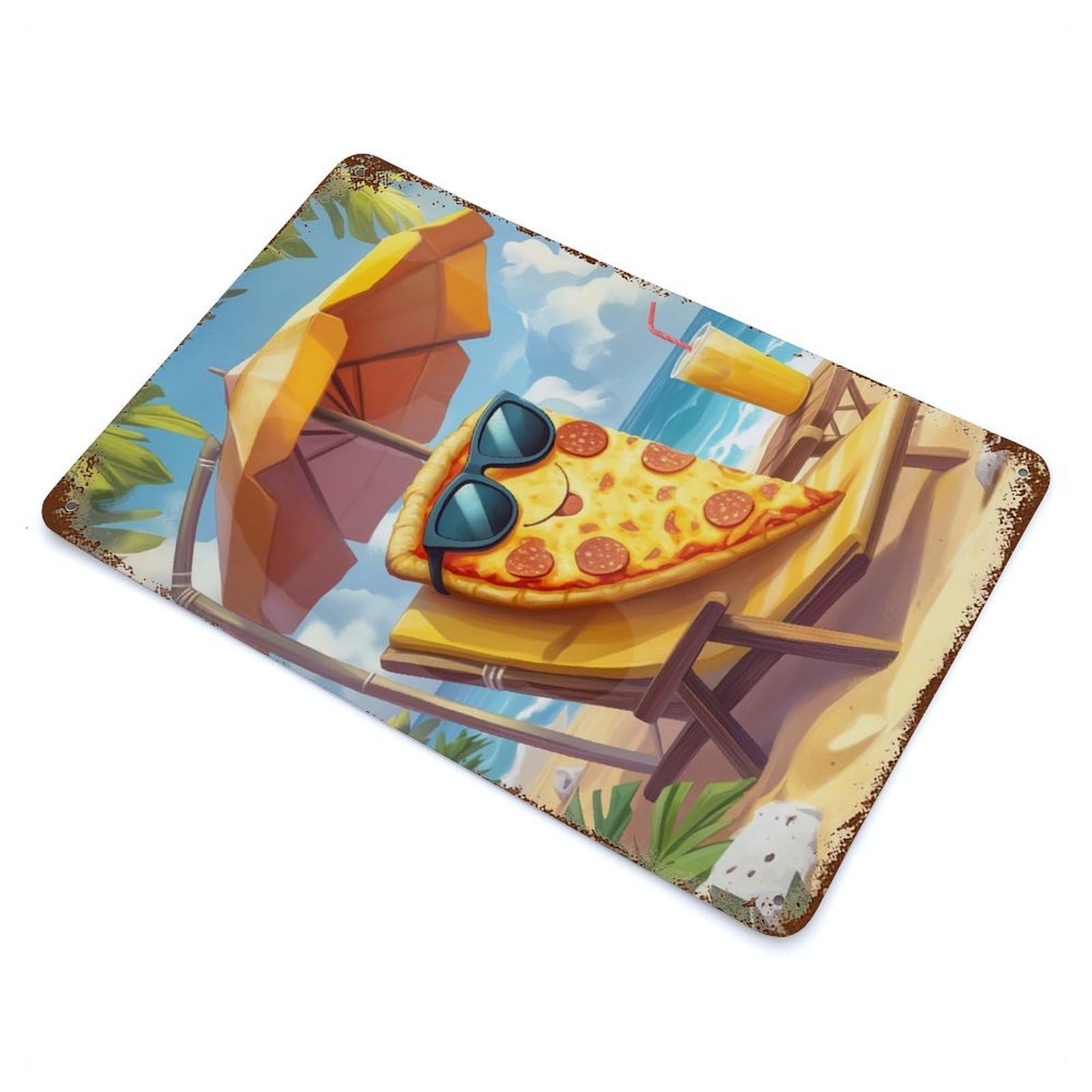 Pizza on Vacation Vintage Wall Sign 11.8"x7.9", Rust Effect Metal Decor for Bistro, Counter And Cafe Decor