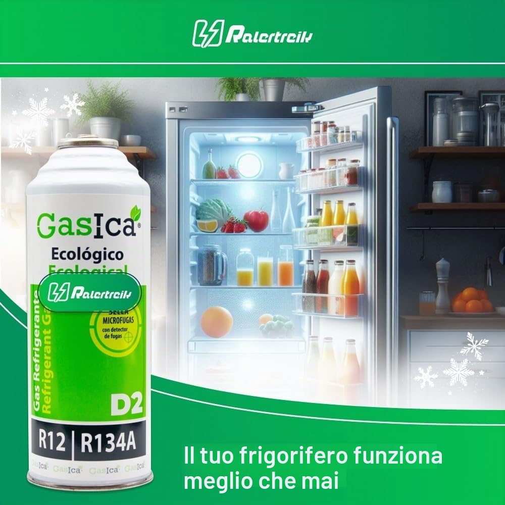 Benzina D2 Pack Risparmio (2 Bottiglie x226 Gr) Gas Refrigerante Biologico Sostituto R12, R134A valido per ricariche sui veicoli Frigorifero Congelatori