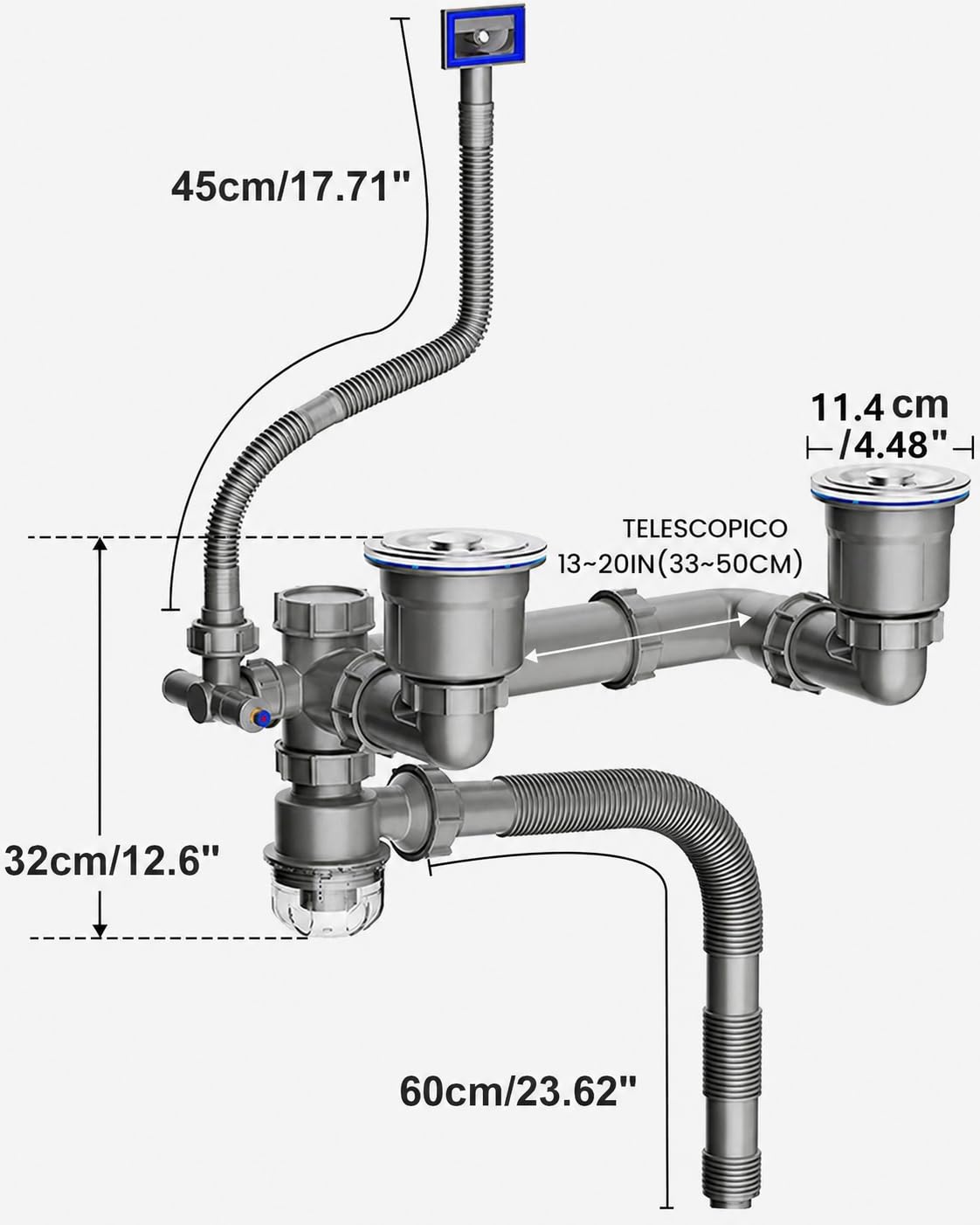 Set di scarico per doppio lavello - Set di scarico per lavello da cucina salvaspazio - Sifone flessibile estensibile 114mm - Set di montaggio per scarico lavello con adattatore di