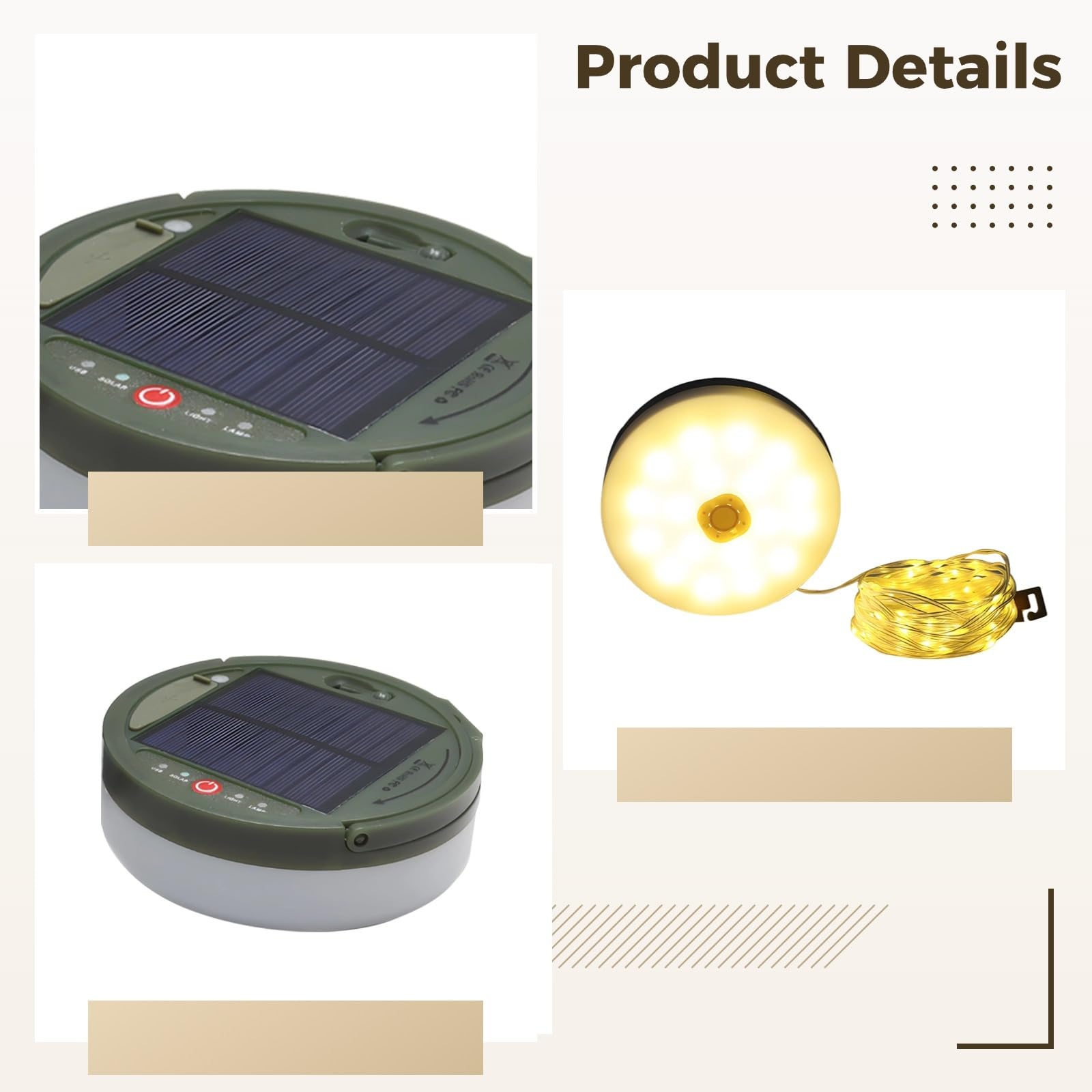 Outdoor Solar Camping Lichter, USB & Ferngesteuerte Lichterkette, 10 m, 100 LEDs, warmweiße Zeltbeleuchtung, PVC, wasserdichtes Design