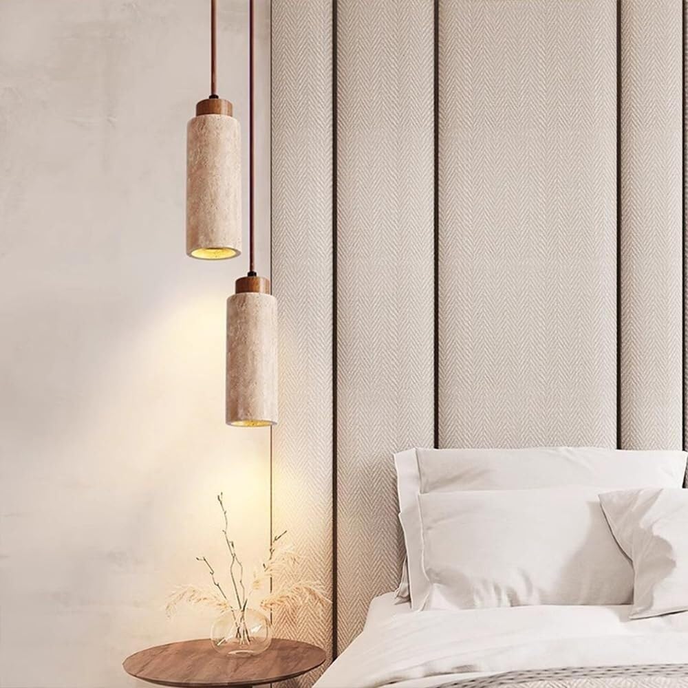 Suspension Plafonnier En Pierre Naturelle Et Bois - Style Nordique Rustique - Ampoule E27 Non Incluse - Dimensions 23x16 Cm