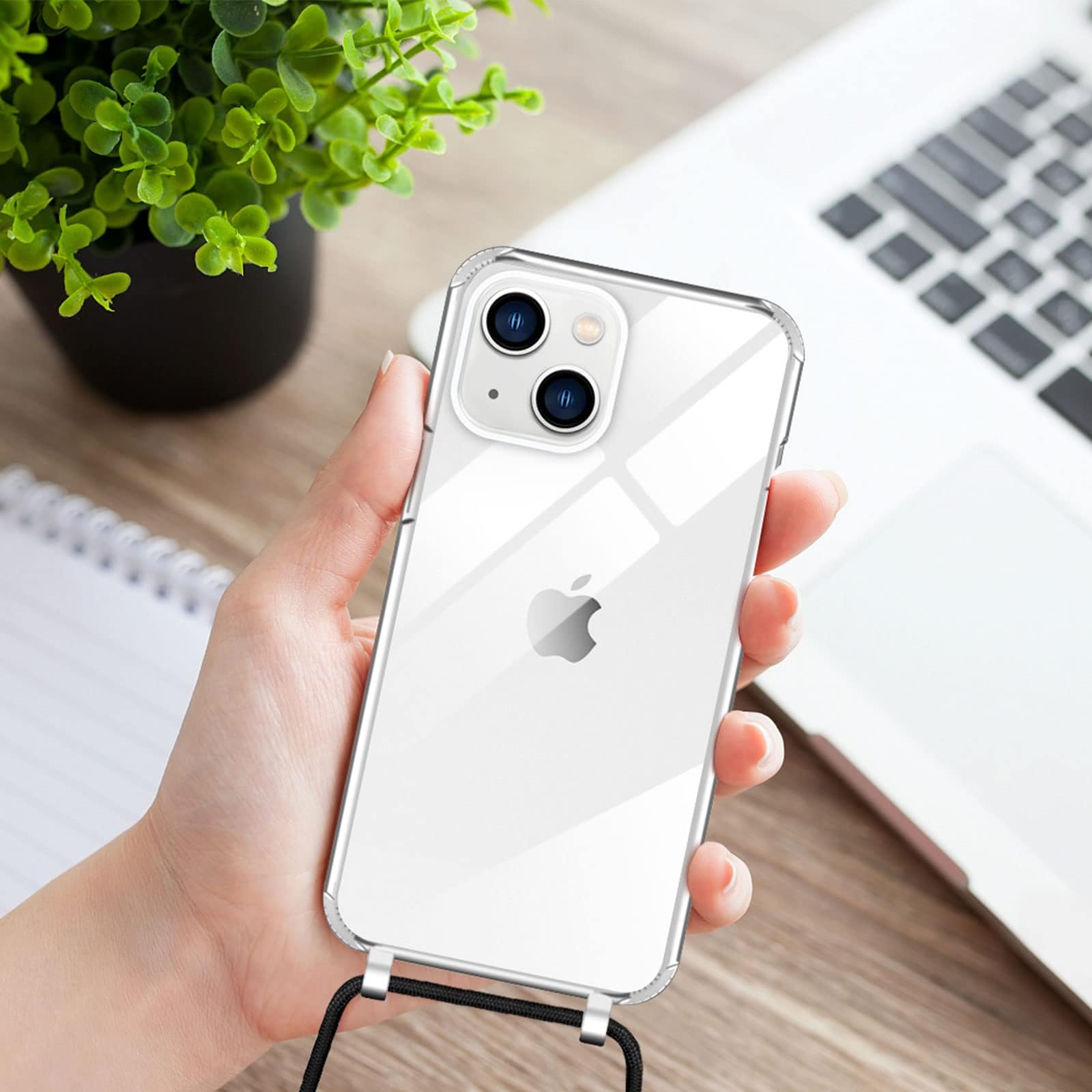 Handyhülle Mit Halskette Für IPhone 14 Plus – TPU+PC, Transparent, Abnehmbare Kordel, Schwarz