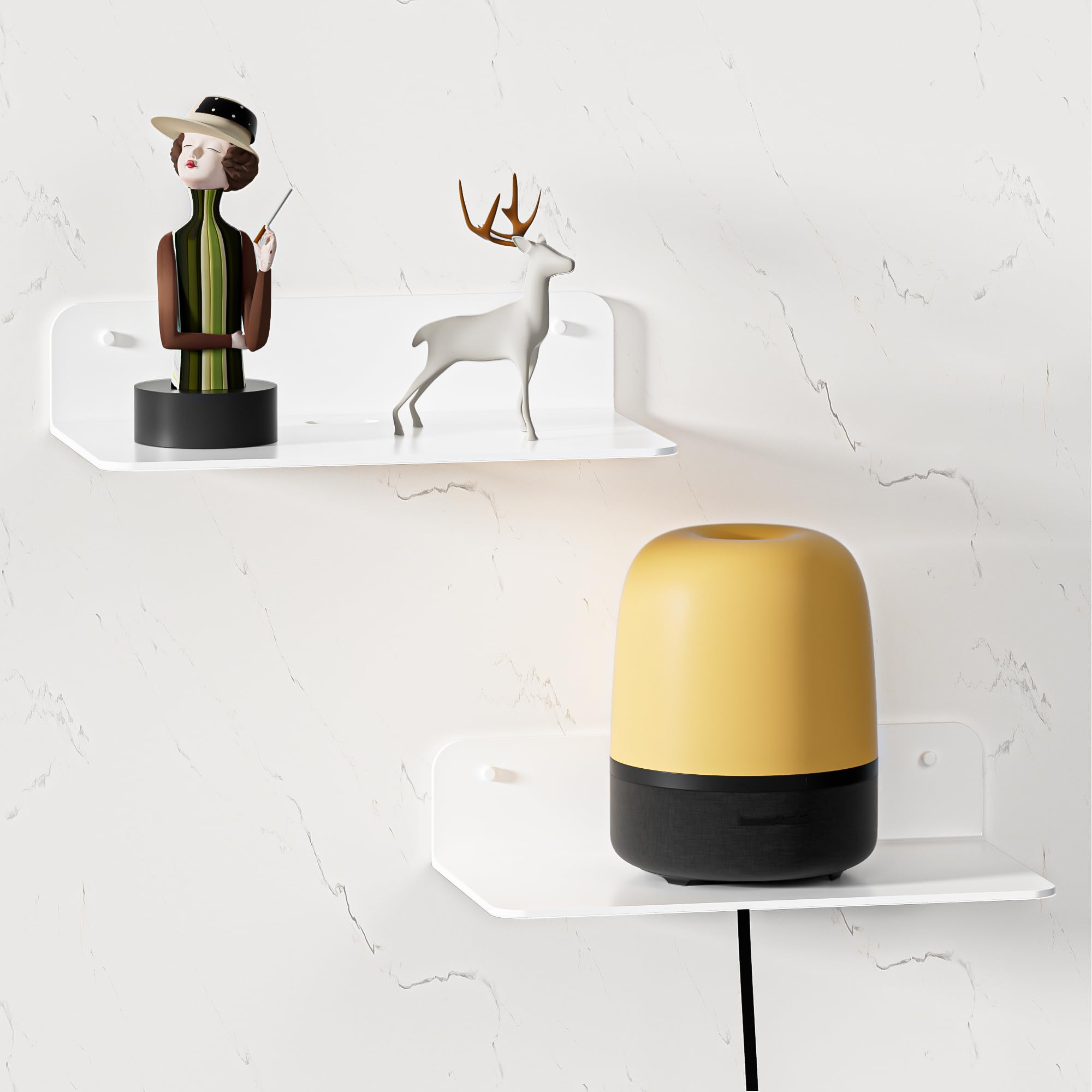 Wall Shelf, White, No Drilling, Set of 2, Metal Shelf, Wall 23 cm, Floating Shelf, Small Bathroom Adhesive Shelf for Living Room, Bedroom, Kitchen, Office