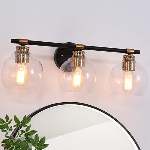 ZEVNI Accesorios de iluminación de baño, 3 luces de tocador de oro negro con tonos sembrados de globo, 22 x 7 x 8 pulgadas