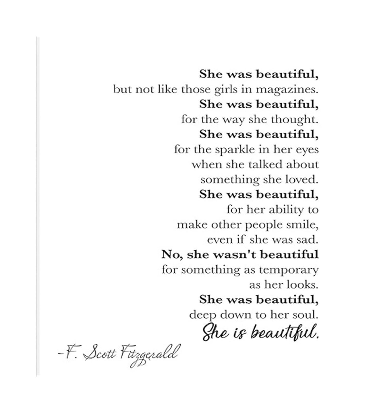 RNUMLIGH F Scott Fitzgerald Quote Print She Is Beautiful Art Literary Gift for Book Lovers(Unframed,08x12inch(20x30cm))