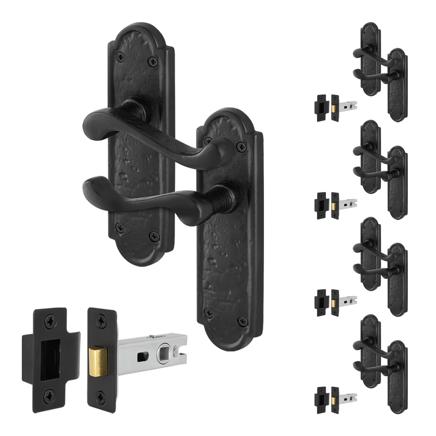 EAI Black Antique Door Handles Latch, 5 Pairs of Cast Iron Scroll Shaped Backplate Internal Handles and Latch 64mm, Alton