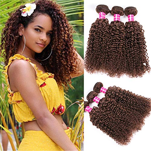 Aphro Hair Kinky Curly Brown Bundles Human Hair Brazilian Hair weave Bundles Natural Brown Bundles For Braiding Bundles Weave Bundles Remy Hair Extensions (12 14 16, Brown)