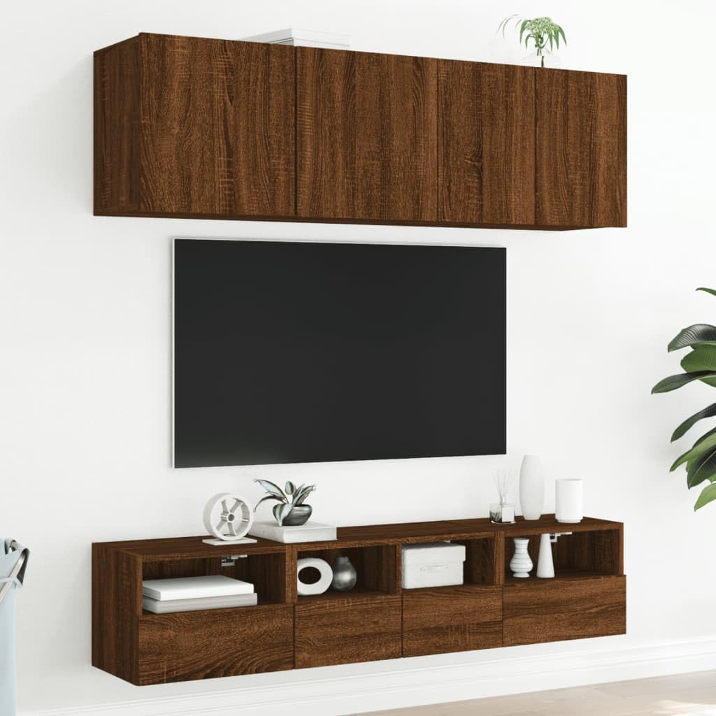 Homgoday Lot De 2 Meubles Muraux TV LED Chêne Marron – Armoires Flottantes 40x30x60,5 Cm Avec Étagère Verre Et Rangement