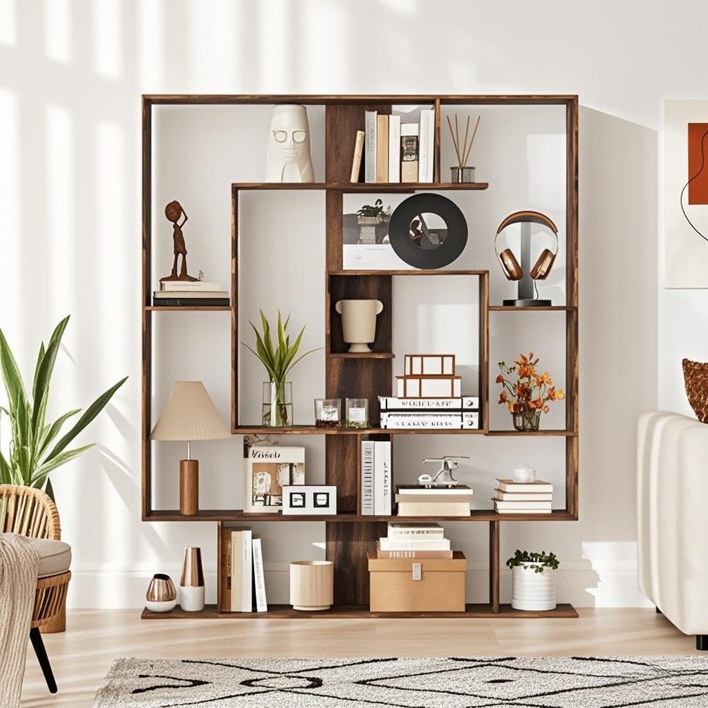 HOMASIS Libreria da Parete Geometrica con 7 Scomparti, Scaffale in Legno con Protezione Anti-Ribaltamento, Espositore Moderno, Libreria Divisoria Ambiente per Soggiorno, 125 x 22 x 150 cm (Marrone)