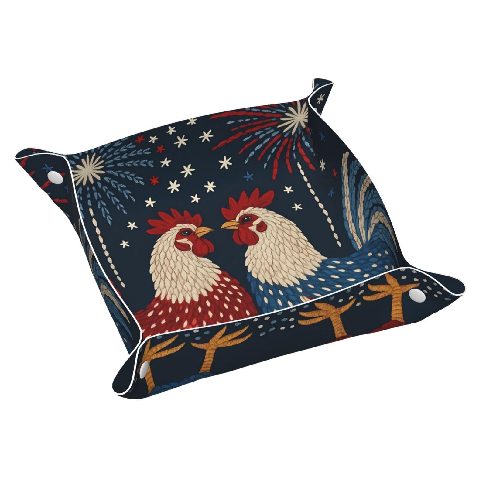 HLBSDM Rustic Red and Blue Roosters & Fireworks Tray Men's Leather Valet Parking Portable Entrance Trays Bedside Storage Box