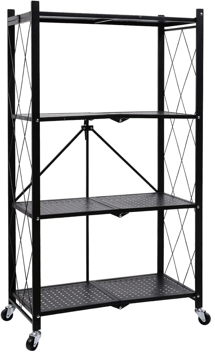 RAJA DHIRAJ 4-Tier Heavy Duty Foldable Metal Rack Storage Shelving Unit with Wheels Moving Easily Organizer Shelves Great for Garage Kitchen, Black (4 Layer)