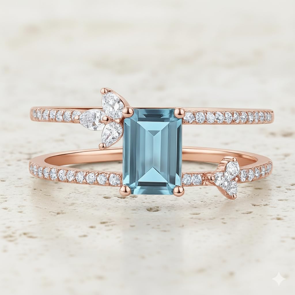 Handmade 925 Sterling Silver Double Strand Emerald Cut Blue Topaz Ring, Minimalist Wedding Engagement Band for Women