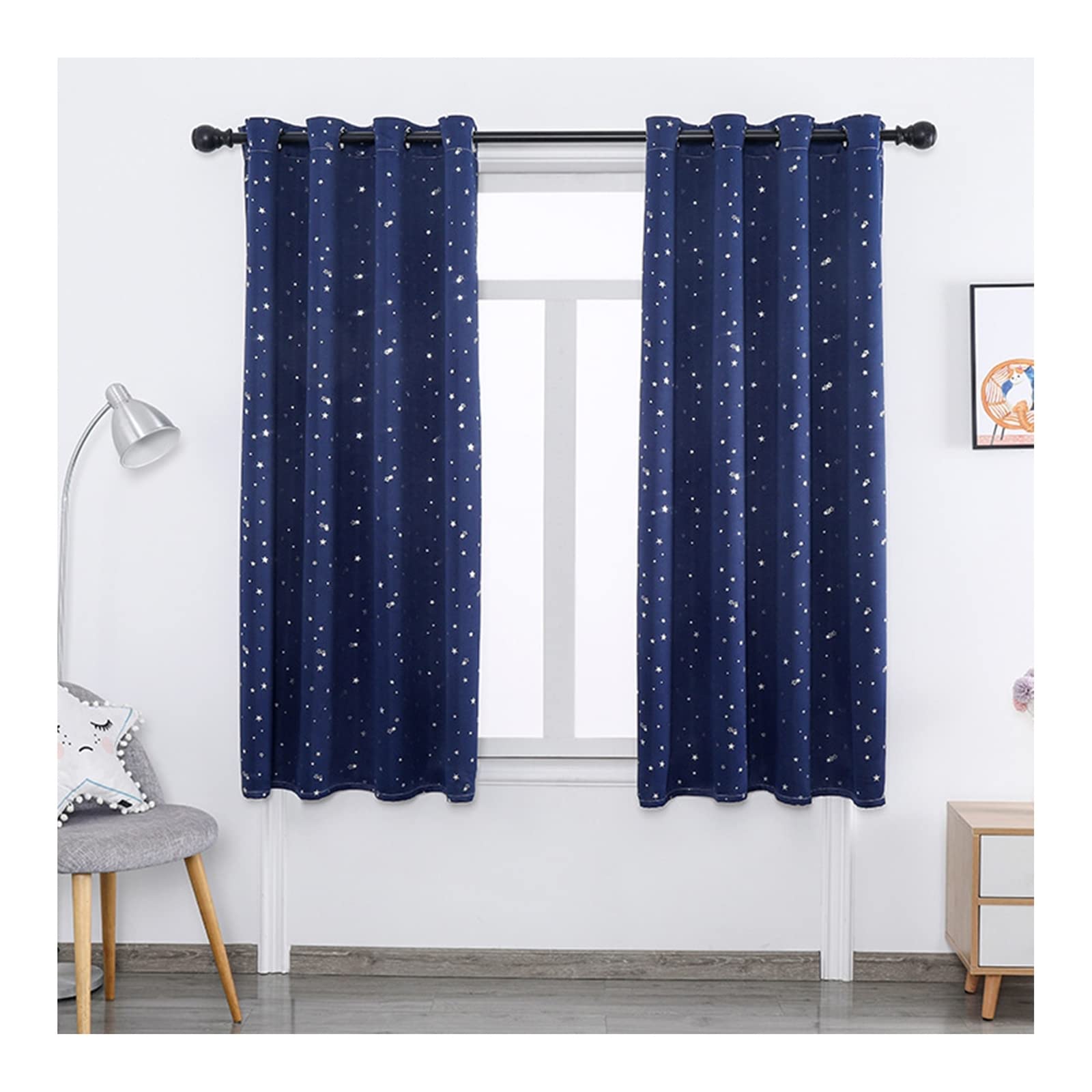 Gardinen Vorhang Blickdicht, Wohnzimmer Vorhänge Modern 2er Set Polyester mit Silbernen Sternenmuster mit Ösen, 130x150cm