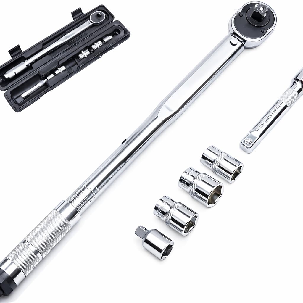 KATSU Torque Wrench 1/2 Inch (28-210 Nm) Torque Wrench + 3 Inserts 17, 19, 21 mm + Adapters 1/2 Inch to 3/8 Inch + 125 mm Extension Bar, for Cars, Motorcycles and Bike Repair 423900