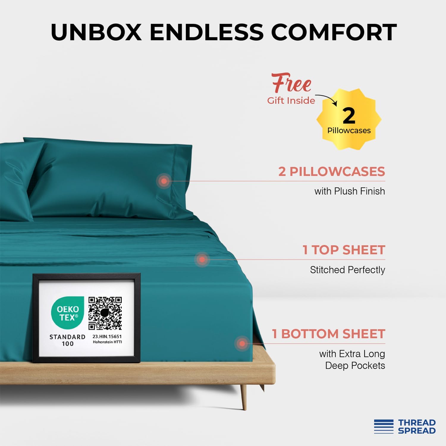 THREAD SPREAD 100% Egyptian Cotton King Size Sheets Set - Luxury 1200 Thread Count Egyptian Cotton Sheets King Size, 17" Deep Pocket, Soft, Cooling Sateen Weave Hotel Quality Bedding Set - Teal - Image 3