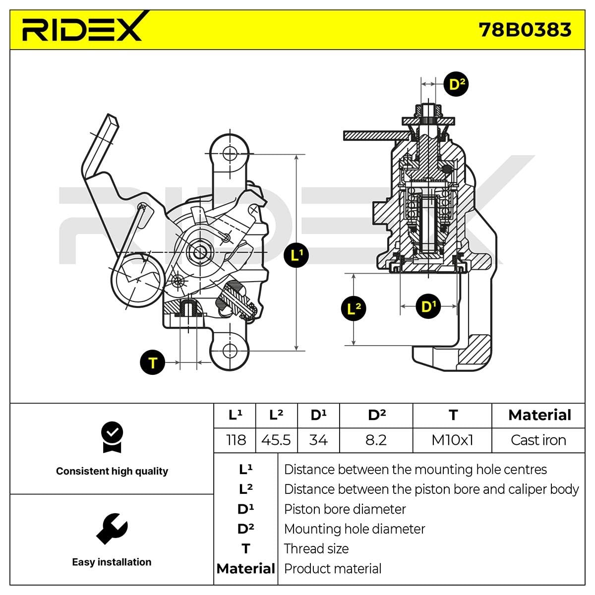 RIDEX 78B0383 Pinza de freno Trasero Izquierda Trasero sin soporte Compatible con HONDA CIVIC VIII Hatchback FN, FK