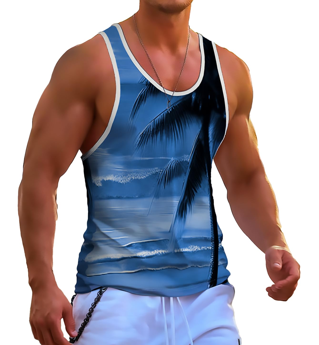 MIGFAXU Mens Tank Tops Hawaiian Sleeveless Shirts Graphic Beach Coconut Tree Gym Tank Top