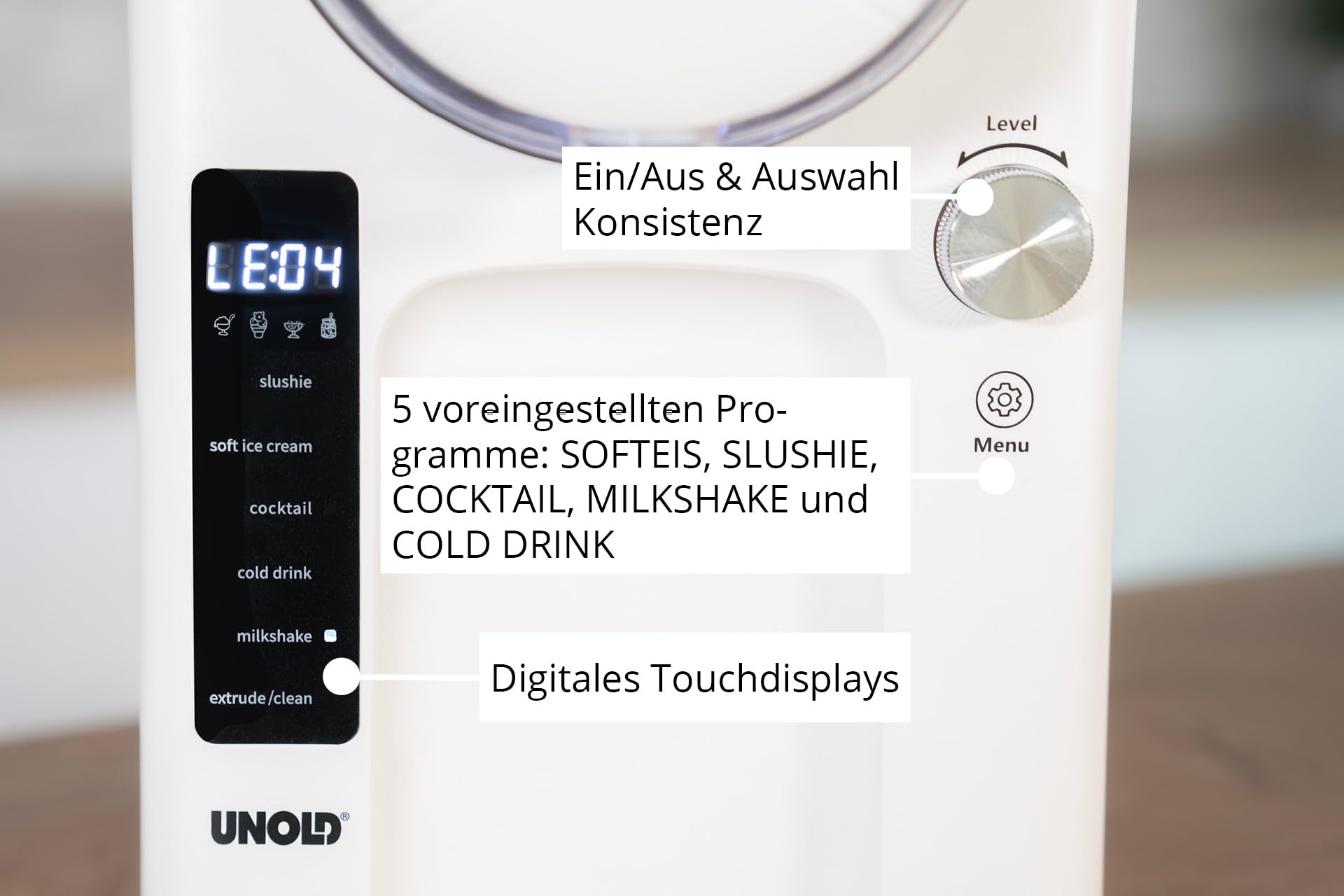 Unold 48950 Slush- und Softeismaschine Sofie mit Kompressor ca. 2 L 5 Programme für Slushies, Softeis Frozen Cocktails, Milchshakes in 30 min, Behälter spülmaschinengeeignet, Weiß
