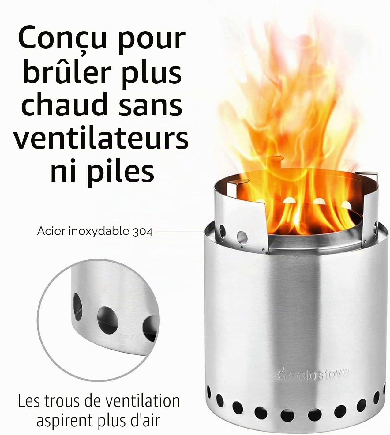 Campfire de Solo Stove, réchaud portable pour le camping, la randonnée, les balades et la survie, combustible liquide non requis, combustion du bois puissante et efficace et faible émission de fumée, 4+ personnes, acier inoxydable 304, compact: 23,5x17,8c