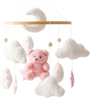 Herfair Campana de cama móvil para bebé con oso de peluche, de madera, para niña, móvil para cuna de bebé, color rosa