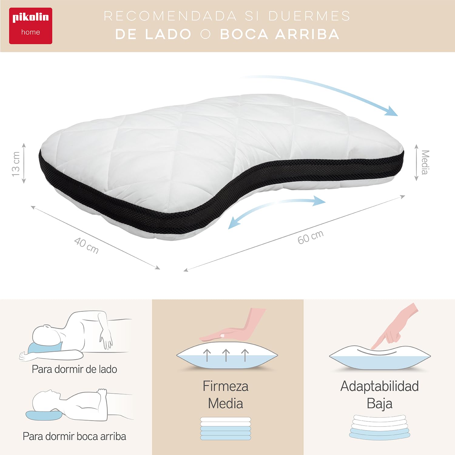 PIKOLIN Home - Almohada Viscoelástica de Hombros Antialérgica | 60x40 cm | Antiácaros e Hipoalergénica | Doble Funda | Firmeza Media | Dormir de Lado o Boca Arriba