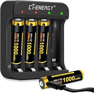 Rechargeable AAA Batteries with Charger,4 Count 1000mWh 1.5V Constant Lithium Triple A Batteries with 4 Bay Smart Battery Charger for Lithium Batteries AA/AAA Rechargeable
