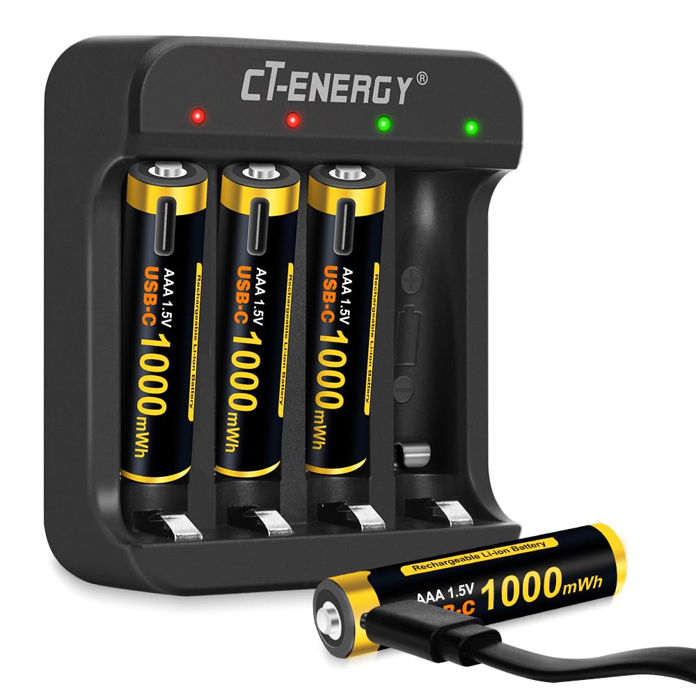 Rechargeable AAA Batteries with Charger,4 Count 1000mWh 1.5V Constant Lithium Triple A Batteries with 4 Bay Smart Battery Charger for Lithium Batteries AA/AAA Rechargeable