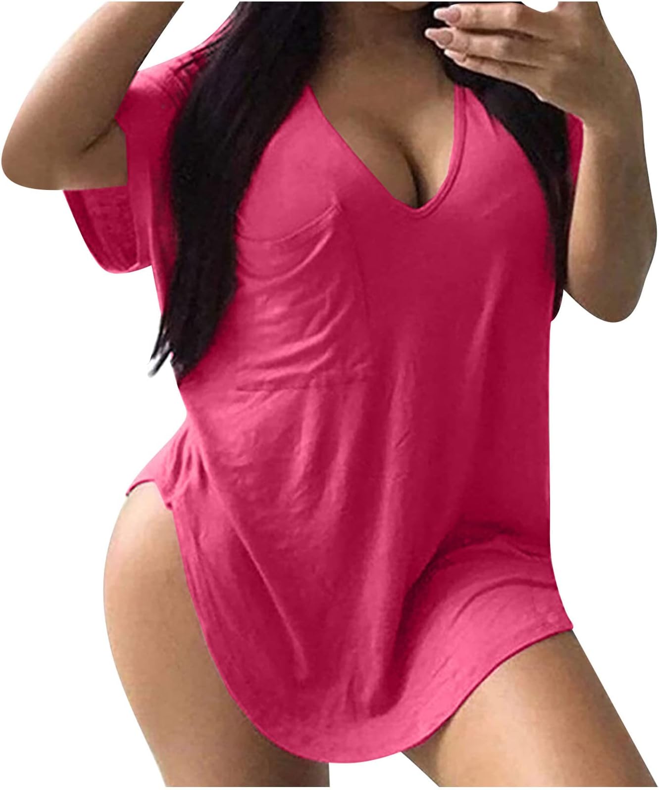 LastessoComfy Plus Size Shirts for Women Casual Loose V Neck Short Sleeve Tops with Pocket Solid Color Oversized T-Shirt