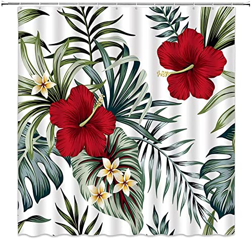 Tropical Shower Curtain Sage Green Plant Red Flower Palm Tree Leaf Floral Boho Summer Hawaii Jungle Botanical Hibiscus Plumeria Nature Herb Aesthetic Modern Art Fabric Bathroom Decor Curtain With Hook #TOP9