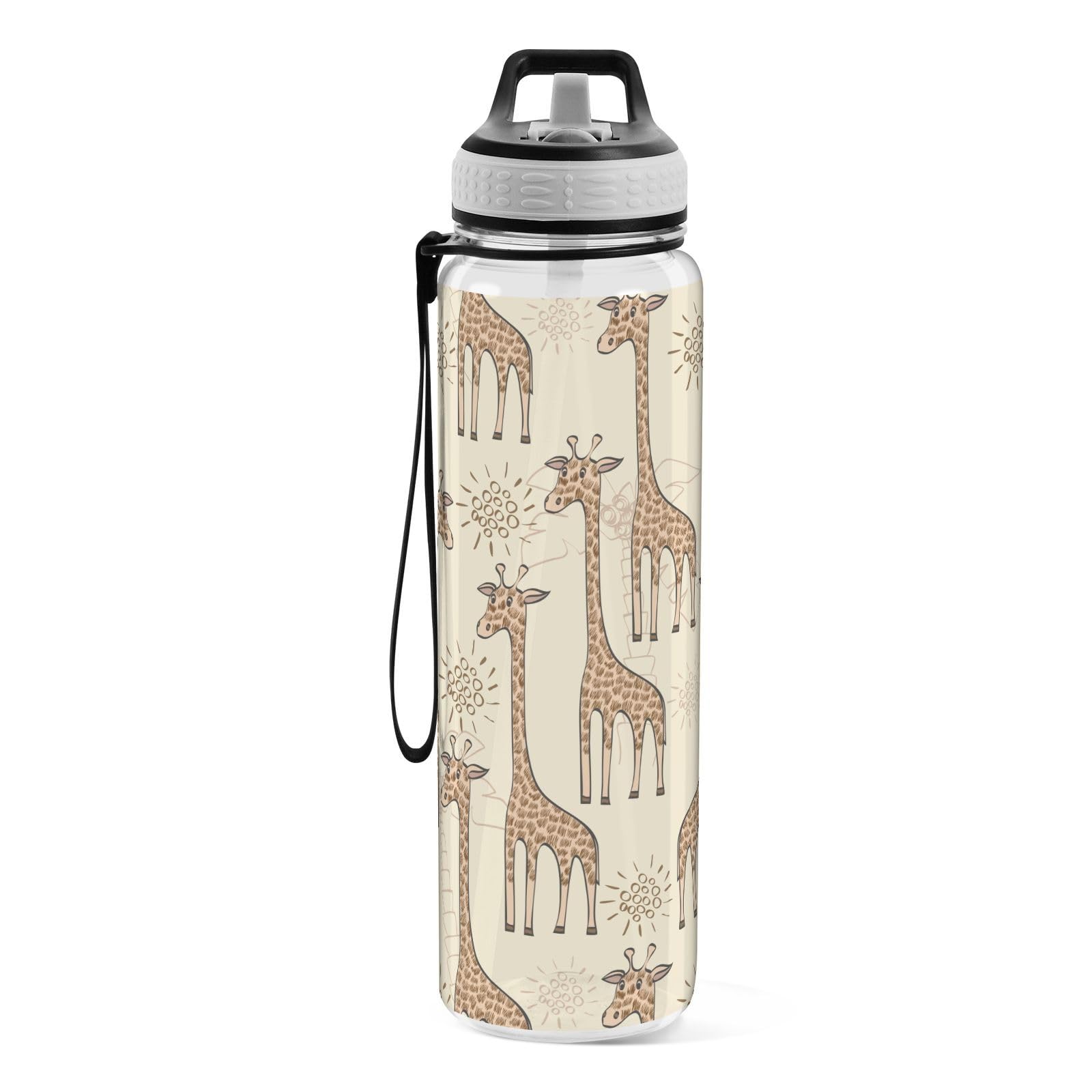 Mnsruu Sports Water Bottle Cute Giraffe Tritan Drinking Bottle with Straw Large 1000ml BPA-Free Clear Leakproof for Kids Boys Girls Women Men Gym School