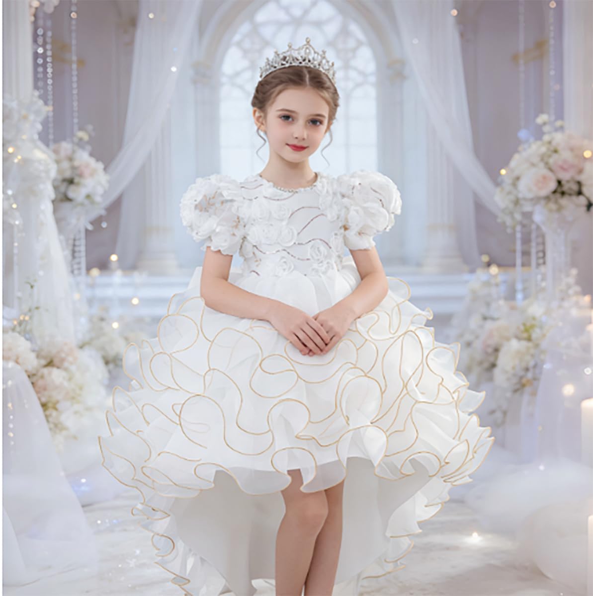 OTMYIGO Prinzessinnenkleid für Mädchen, 3D-Blumenrüschen-Tüll-Tutu-Kleid für Blumenmädchen Geburtstags Hochzeits- und Ballkleid