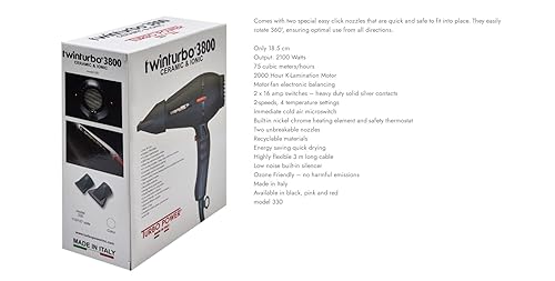 Miniatura 4 de Turbo Power TwinTurbo 3800 - Accesorio de soplado en caliente negro y tecnología iónica, respetuoso con el medio ambiente y M Hair Designs Hot Blow
