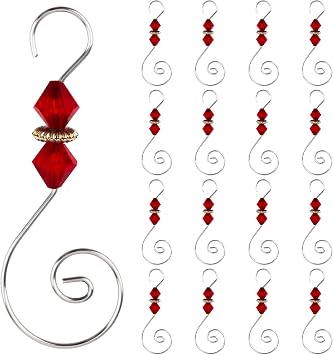 INCREWAY S-Shaped Christmas Tree Hanger Hooks, 30 Pcs Silver Metal Decoration Hooks with Red Rhombus Crystal Beads for Party, Home Decor