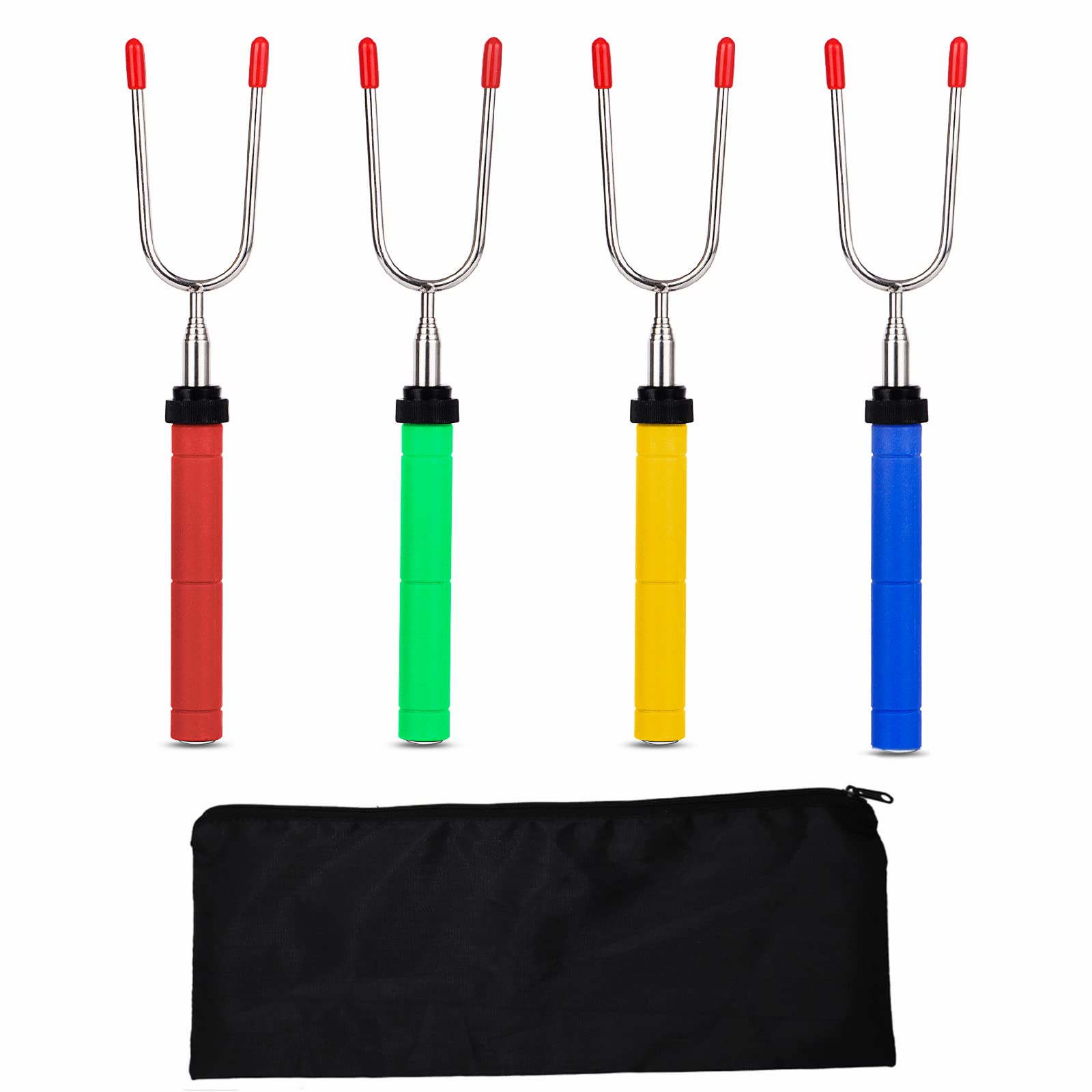 BOPUBBQ Marshmallow Roasting Sticks Stainless Steel Forks Set Extendable Rotating 34 Inch U Shape Hot Dog Roasting Sticks with Plastic Handle, Fire Pit Camping Barbecue Campfire Accessories (4 PCS)