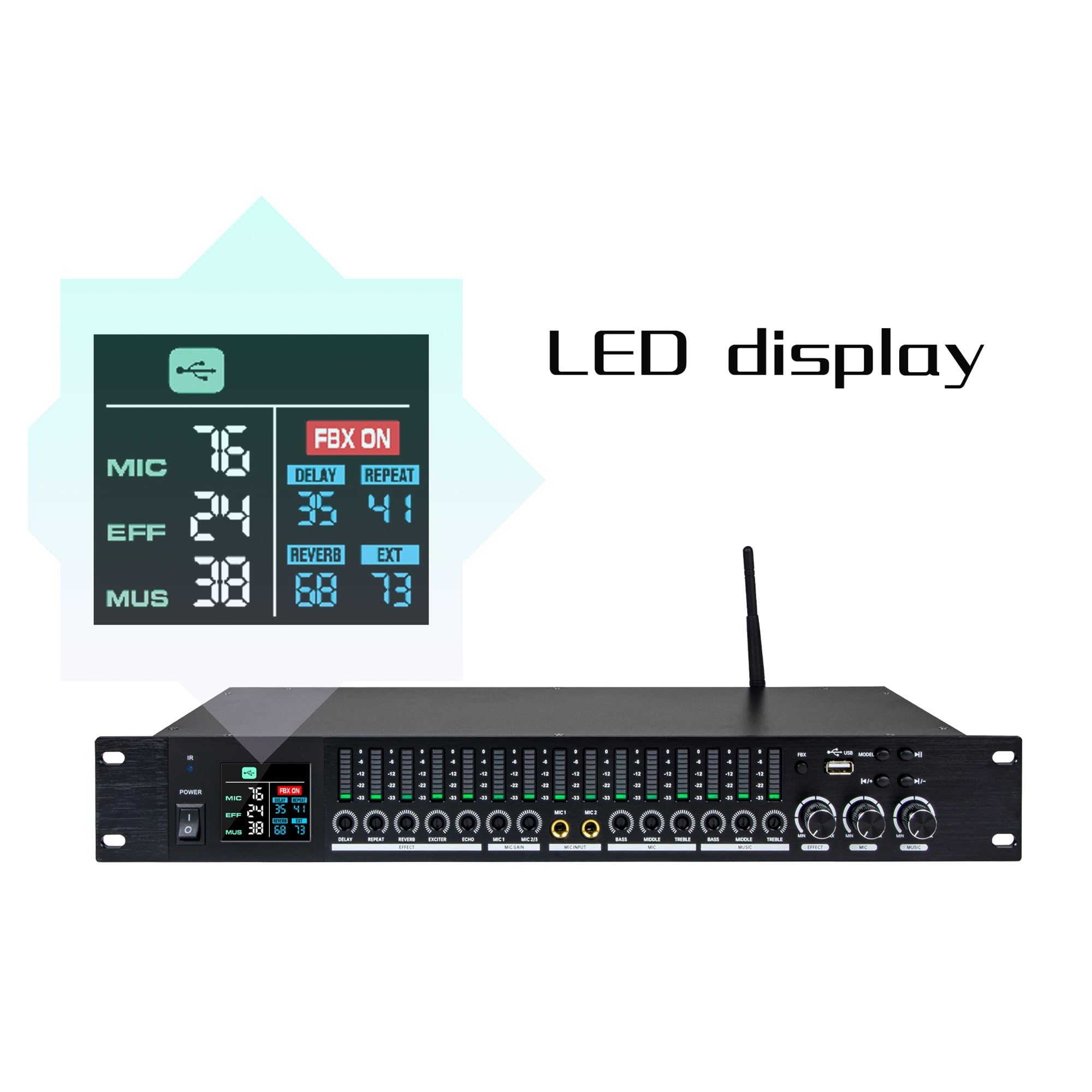 Processeur D'effets Audio KTV Professionnel DSP Bluetooth, Processeur D'égalisation Anti-hurlement, Pré-effecteur For Fête Sur Scène Karaoké(Black)