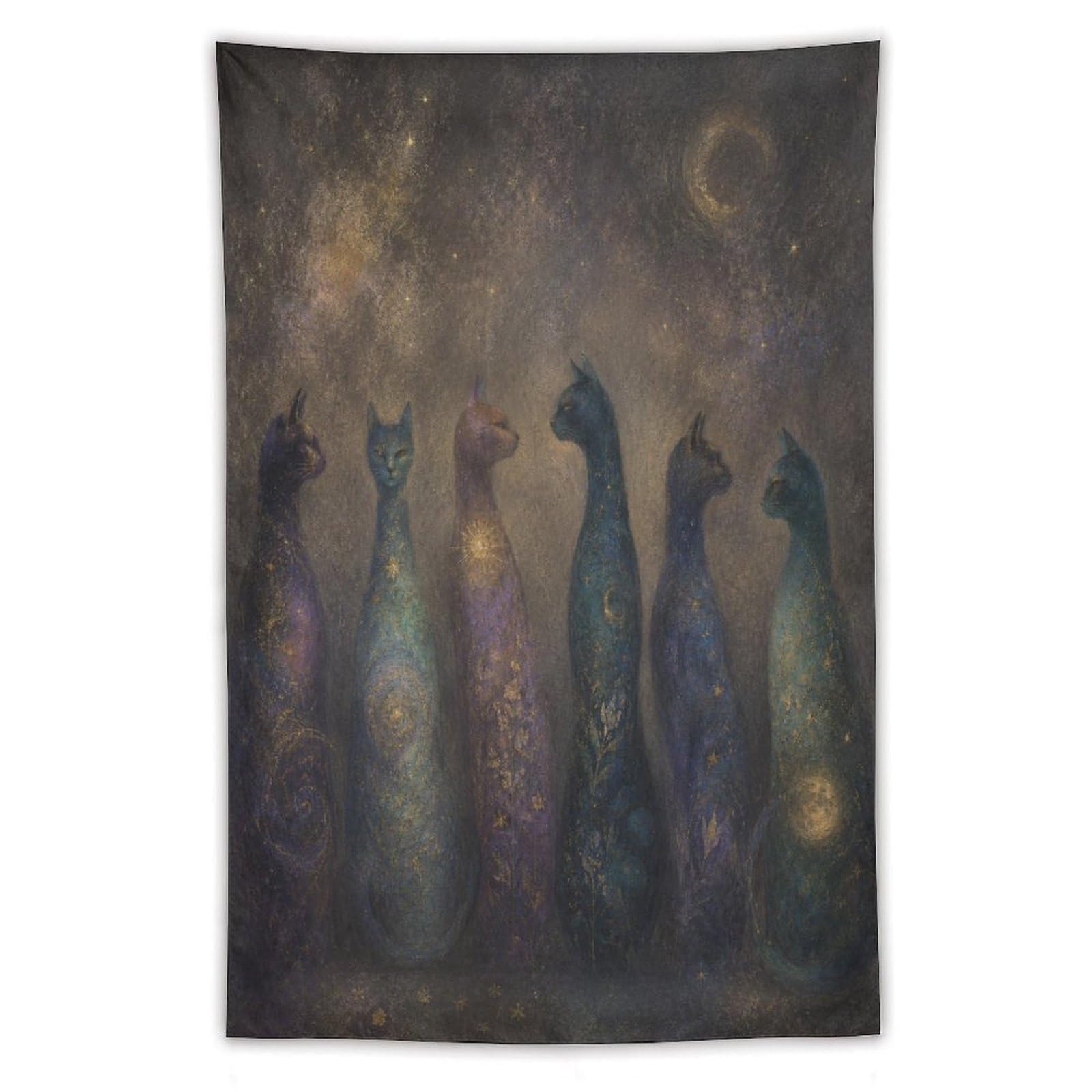 W7C8U2X3 Cat Spirits in Night Sky Wall Tapestry, Fantasy Illustration Style